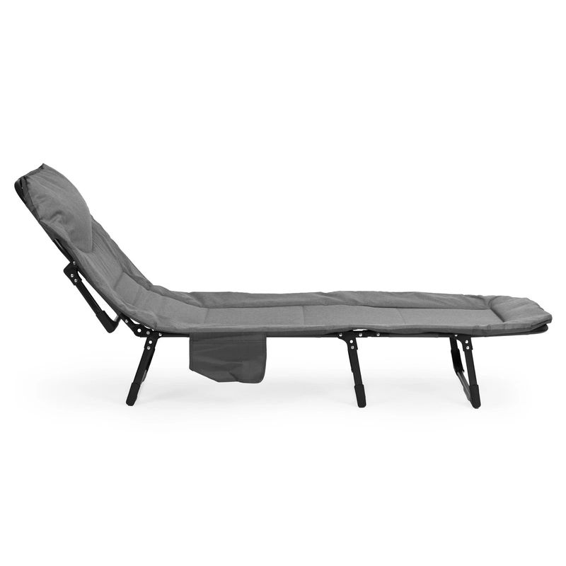 Casa si Gradina - Gradina si terasa - Mobilier exterior - Scaune si sezlonguri gradina - Pat camping pliabil tip sezlong, cu tetiera reglabila si buzunar lateral, maxim 120 kg, 65x200x88 cm, gri - Infinity.ro
