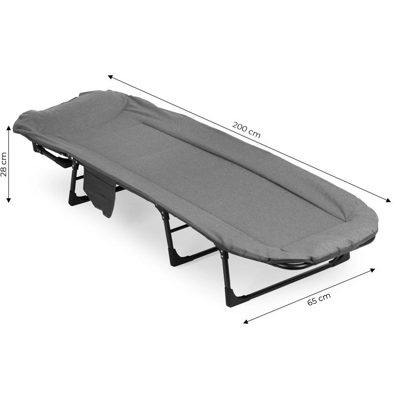 Casa si Gradina - Gradina si terasa - Mobilier exterior - Scaune si sezlonguri gradina - Pat camping pliabil tip sezlong, cu tetiera reglabila si buzunar lateral, maxim 120 kg, 65x200x88 cm, gri - Infinity.ro
