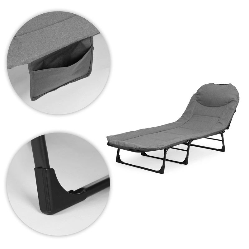 Casa si Gradina - Gradina si terasa - Mobilier exterior - Scaune si sezlonguri gradina - Pat camping pliabil tip sezlong, cu tetiera reglabila si buzunar lateral, maxim 120 kg, 65x200x88 cm, gri - Infinity.ro
