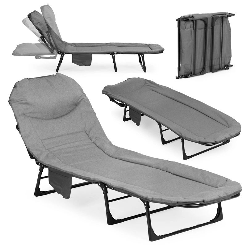 Casa si Gradina - Gradina si terasa - Mobilier exterior - Scaune si sezlonguri gradina - Pat camping pliabil tip sezlong, cu tetiera reglabila si buzunar lateral, maxim 120 kg, 65x200x88 cm, gri - Infinity.ro