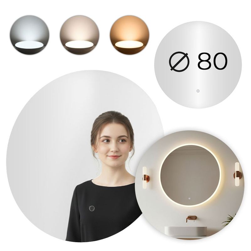 Casa si Gradina - Mobilier - Mobilier baie - Corpuri baie - Oglinda baie LED rotunda cu functie anti-aburire, iluminare perimetrala reglabila cu control tactil, 80 cm - Infinity.ro