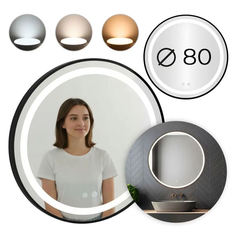 Casa si Gradina - Mobilier - Mobilier baie - Corpuri baie - Oglinda baie LED rotunda cu functie anti-aburire, iluminare reglabila cu control tactil, 80 cm, negru - Infinity.ro