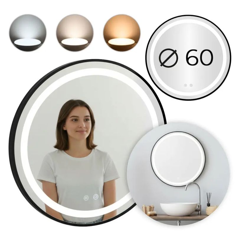 Casa si Gradina - Mobilier - Mobilier baie - Corpuri baie - Oglinda baie LED rotunda cu functie anti-aburire, iluminare reglabila cu control tactil, 60 cm, negru - Infinity.ro