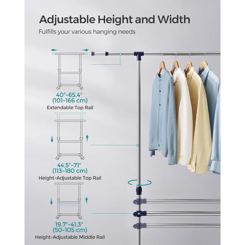 Casa si Gradina - Mobilier - Organizare si depozitare - Cuiere - Suport pentru haine cu sina superioara extensibila 101-165 cm, pe roti, reglabil in inaltime 113-180 cm, argintiu - Infinity.ro