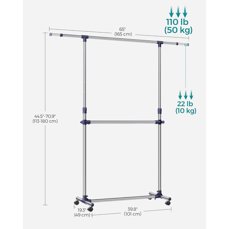 Casa si Gradina - Mobilier - Organizare si depozitare - Cuiere - Suport pentru haine cu sina superioara extensibila 101-165 cm, pe roti, reglabil in inaltime 113-180 cm, argintiu - Infinity.ro