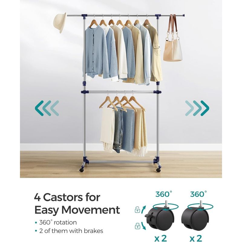 Casa si Gradina - Mobilier - Organizare si depozitare - Cuiere - Suport pentru haine cu sina superioara extensibila 101-165 cm, pe roti, reglabil in inaltime 113-180 cm, argintiu - Infinity.ro