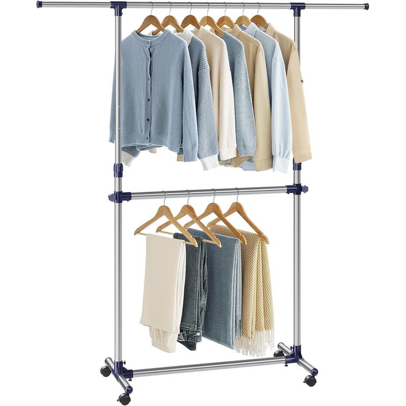 Casa si Gradina - Mobilier - Organizare si depozitare - Cuiere - Suport pentru haine cu sina superioara extensibila 101-165 cm, pe roti, reglabil in inaltime 113-180 cm, argintiu - Infinity.ro