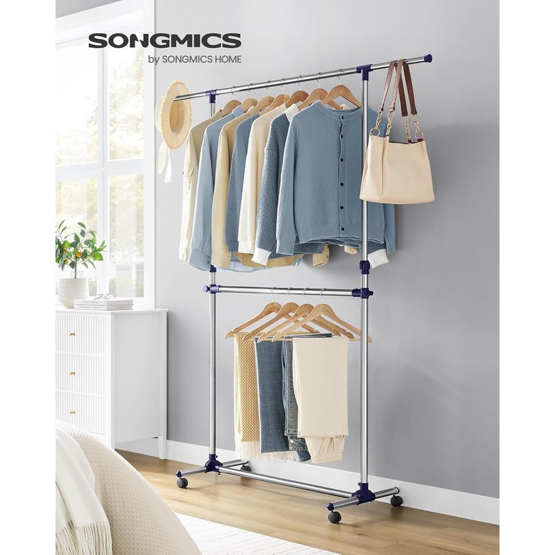 Casa si Gradina - Mobilier - Organizare si depozitare - Cuiere - Suport pentru haine cu sina superioara extensibila 101-165 cm, pe roti, reglabil in inaltime 113-180 cm, argintiu - Infinity.ro