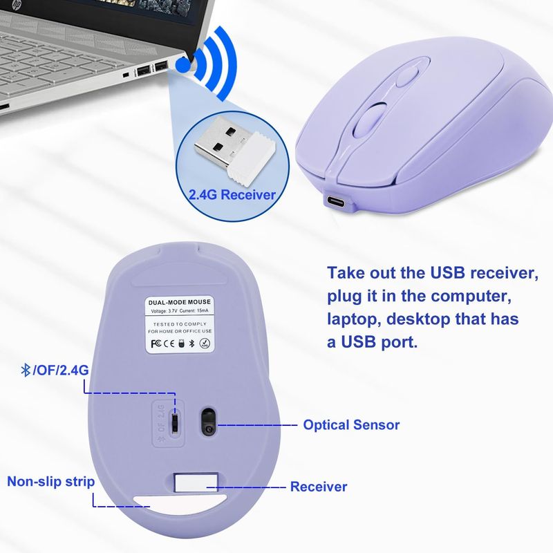 PC, gaming si accesorii - Periferice PC - Mouse - VU-TEK 127 Mouse Wireless Dual mode Bluetooth + WIFI reincarcabil - Lavanda - Infinity.ro