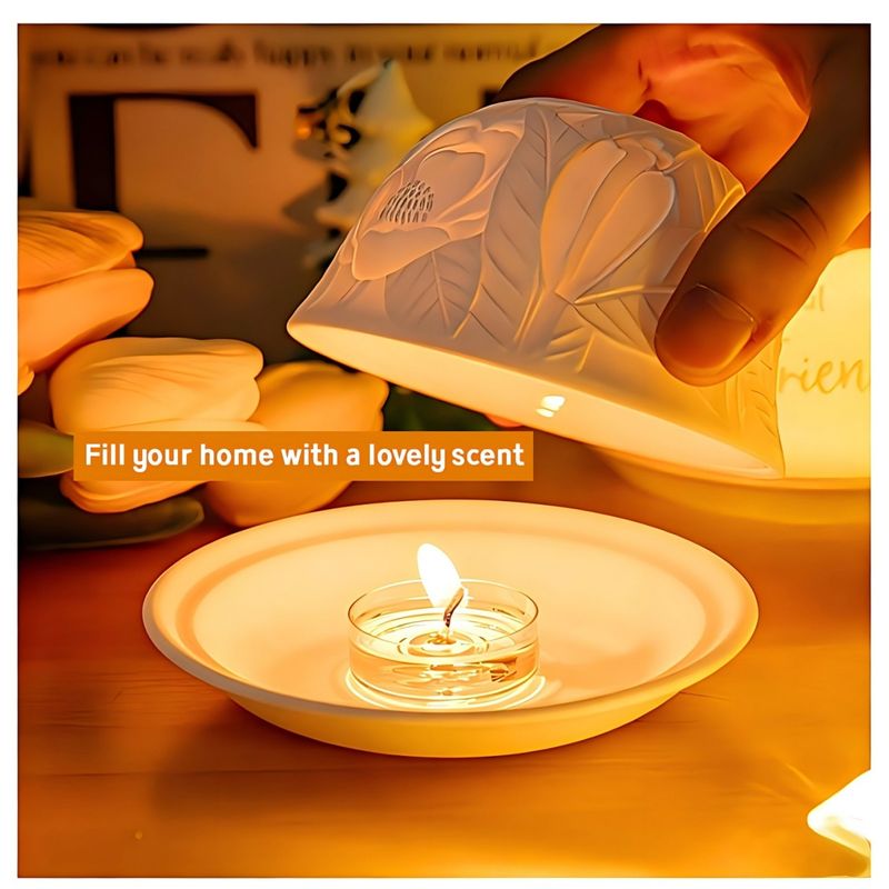 Casa si Gradina - Decoratiuni - Aromaterapie si lumanari - Suporturi lumanari - Suport lumanare din portelan, proiectie luminoasa 3D cu frunze de artar, decor elegant - Infinity.ro