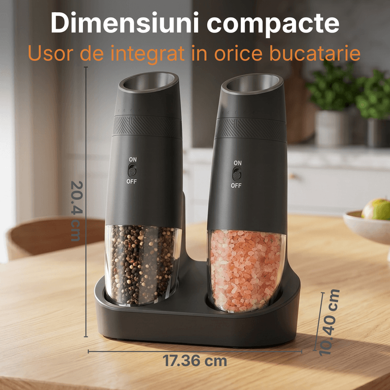 Casa si Gradina - Bucatarie si vesela - Ustensile bucatarie - Rasnite si dozatoare condimente - Set Rasnite Electrice Sare si Piper JustNet, Baza Dubla Incarcare USB-C, Mecanism Ceramic, 6 Nivele Macinare, LED, 135ml - Infinity.ro
