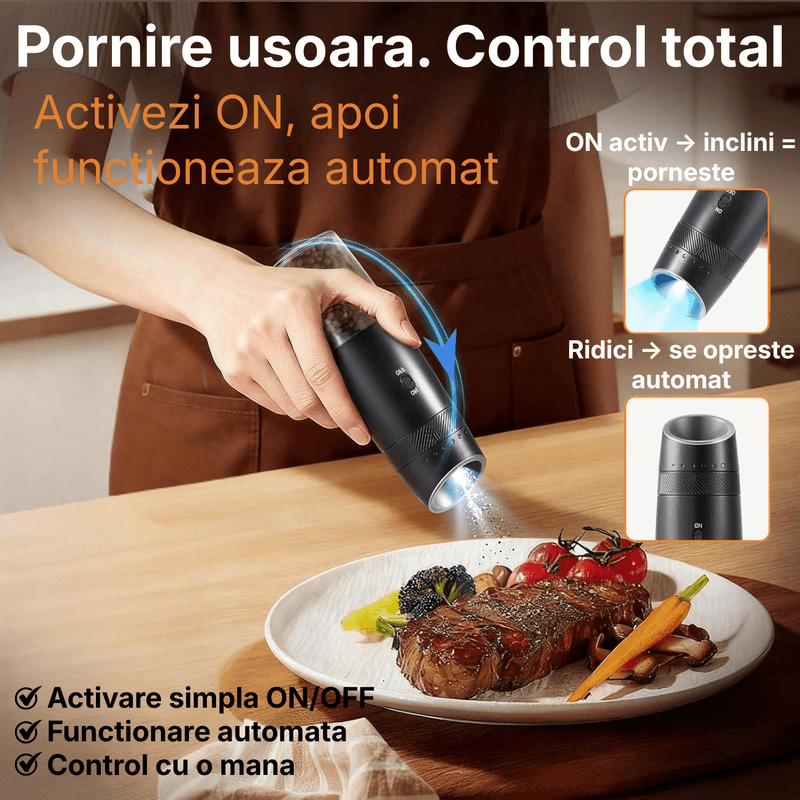 Casa si Gradina - Bucatarie si vesela - Ustensile bucatarie - Rasnite si dozatoare condimente - Set Rasnite Electrice Sare si Piper JustNet, Baza Dubla Incarcare USB-C, Mecanism Ceramic, 6 Nivele Macinare, LED, 135ml - Infinity.ro