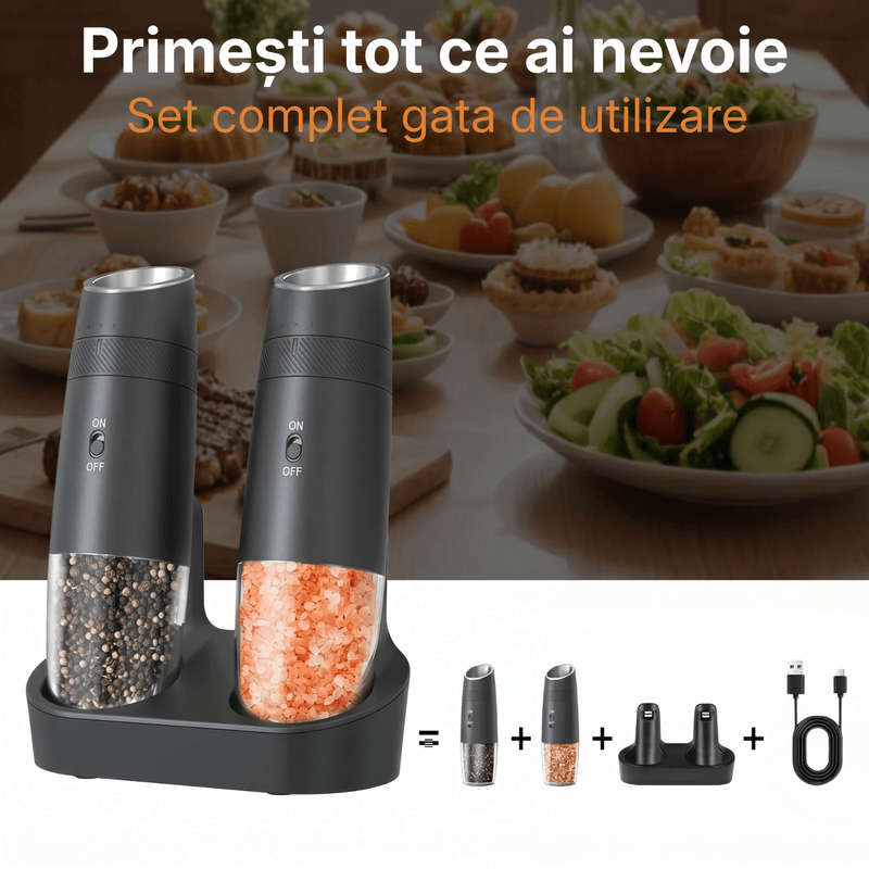 Casa si Gradina - Bucatarie si vesela - Ustensile bucatarie - Rasnite si dozatoare condimente - Set Rasnite Electrice Sare si Piper JustNet, Baza Dubla Incarcare USB-C, Mecanism Ceramic, 6 Nivele Macinare, LED, 135ml - Infinity.ro