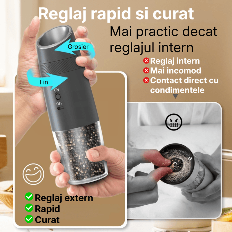 Casa si Gradina - Bucatarie si vesela - Ustensile bucatarie - Rasnite si dozatoare condimente - Set Rasnite Electrice Sare si Piper JustNet, Baza Dubla Incarcare USB-C, Mecanism Ceramic, 6 Nivele Macinare, LED, 135ml - Infinity.ro