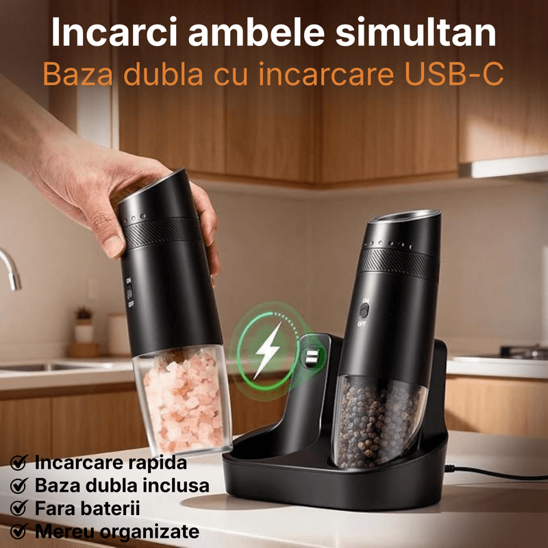 Casa si Gradina - Bucatarie si vesela - Ustensile bucatarie - Rasnite si dozatoare condimente - Set Rasnite Electrice Sare si Piper JustNet, Baza Dubla Incarcare USB-C, Mecanism Ceramic, 6 Nivele Macinare, LED, 135ml - Infinity.ro