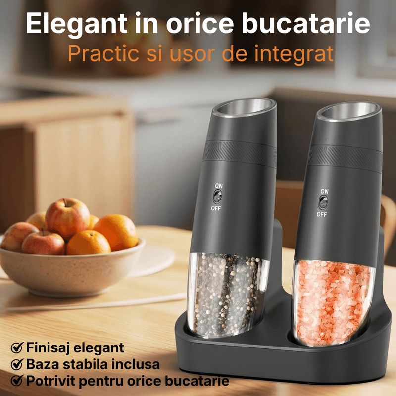 Casa si Gradina - Bucatarie si vesela - Ustensile bucatarie - Rasnite si dozatoare condimente - Set Rasnite Electrice Sare si Piper JustNet, Baza Dubla Incarcare USB-C, Mecanism Ceramic, 6 Nivele Macinare, LED, 135ml - Infinity.ro