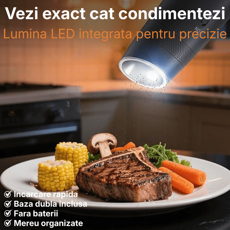 Casa si Gradina - Bucatarie si vesela - Ustensile bucatarie - Rasnite si dozatoare condimente - Set Rasnite Electrice Sare si Piper JustNet, Baza Dubla Incarcare USB-C, Mecanism Ceramic, 6 Nivele Macinare, LED, 135ml - Infinity.ro