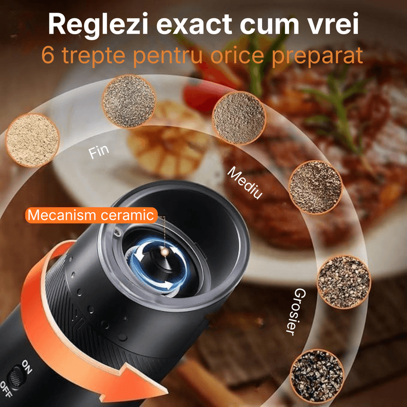 Casa si Gradina - Bucatarie si vesela - Ustensile bucatarie - Rasnite si dozatoare condimente - Set Rasnite Electrice Sare si Piper JustNet, Baza Dubla Incarcare USB-C, Mecanism Ceramic, 6 Nivele Macinare, LED, 135ml - Infinity.ro