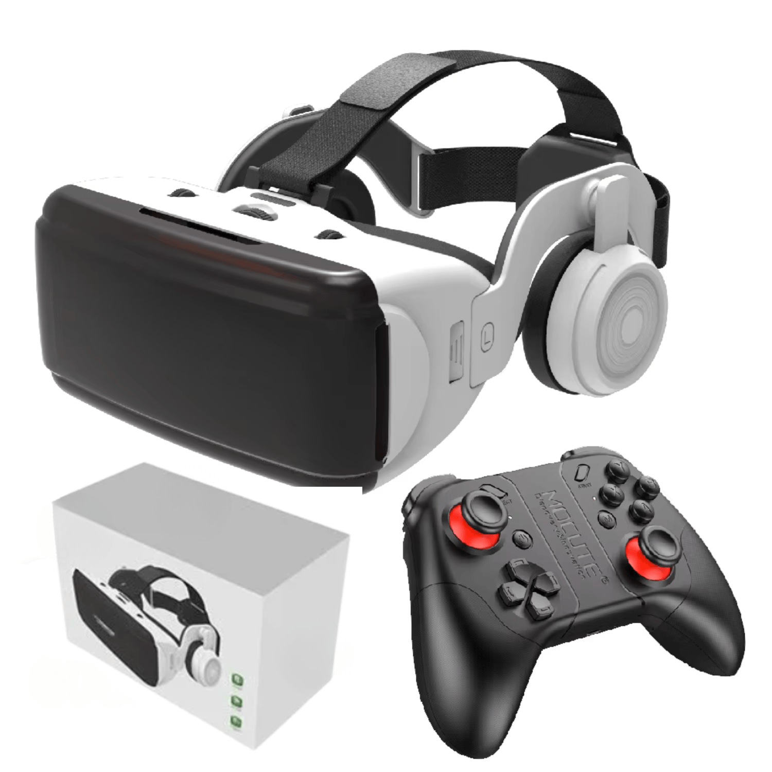 Ochelari VR Ellitiq® 3D + casti 9D & gamepad, lentile HD reglabile, Android/iOS 4.7–7.8", 360°, jocuri & filme, alb