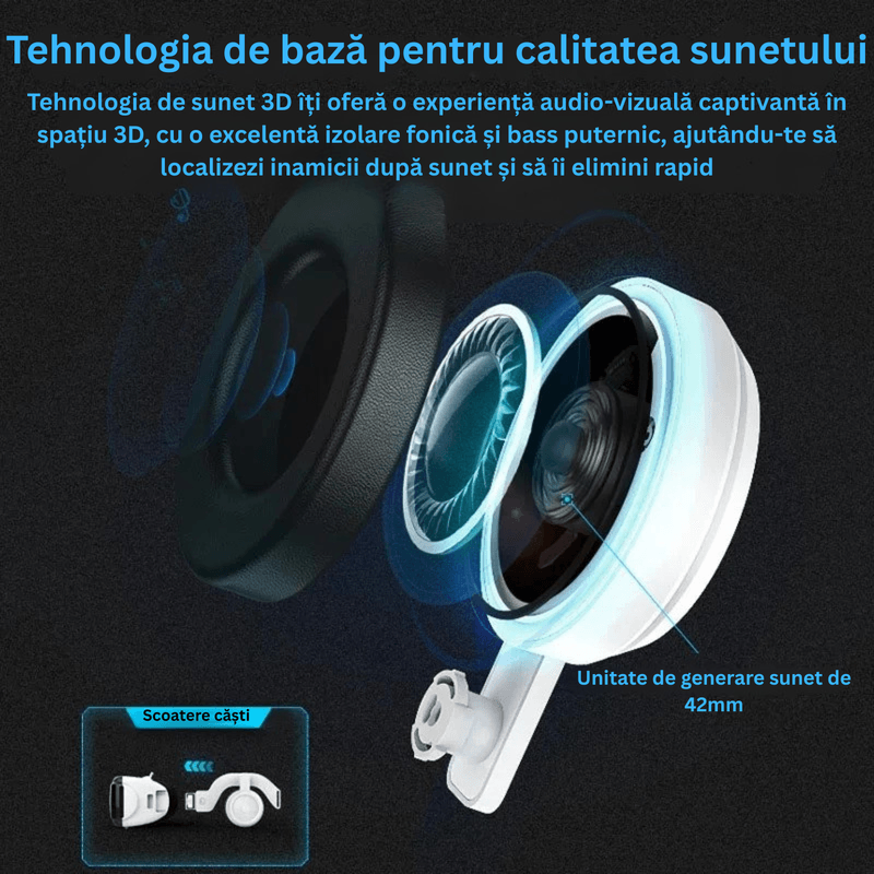 Laptop, Telefoane si Tablete - Wearables si gadgeturi - Ochelari VR si accesorii - Ochelari VR - Ochelari VR Ellitiq® 3D + casti 9D & gamepad, lentile HD reglabile, Android/iOS 4.7–7.8", 360°, jocuri & filme, alb - Infinity.ro