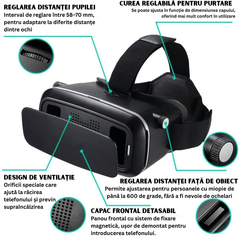 Laptop, Telefoane si Tablete - Wearables si gadgeturi - Ochelari VR si accesorii - Ochelari VR - Ochelari VR Ellitiq® 3D cu casti stereo & controller BT, Android/iOS 4.7–6.6", lentile HD 120°, reglabile, design miopie - Infinity.ro