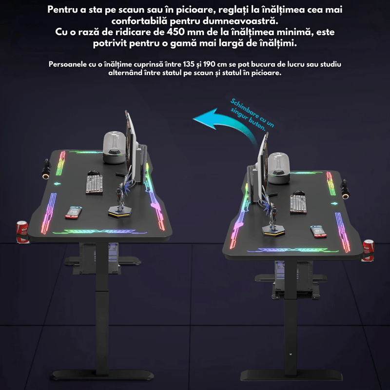 PC, gaming si accesorii - Gaming - Accesorii gaming - Birouri gaming - Birou Gaming RGB, Reglabil Electric inaltime, QOVA®, Blat Sticla Securizata, Inaltime Ajustabila 72-117cm,LED RGB - Infinity.ro