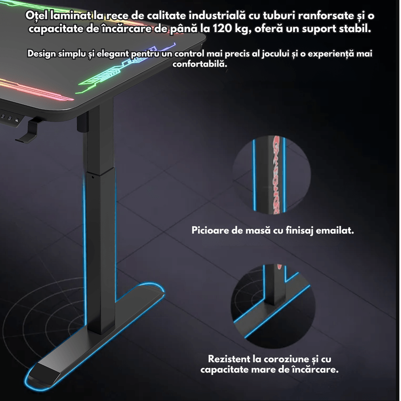 PC, gaming si accesorii - Gaming - Accesorii gaming - Birouri gaming - Birou Gaming RGB, Reglabil Electric inaltime, QOVA®, Blat Sticla Securizata, Inaltime Ajustabila 72-117cm,LED RGB - Infinity.ro