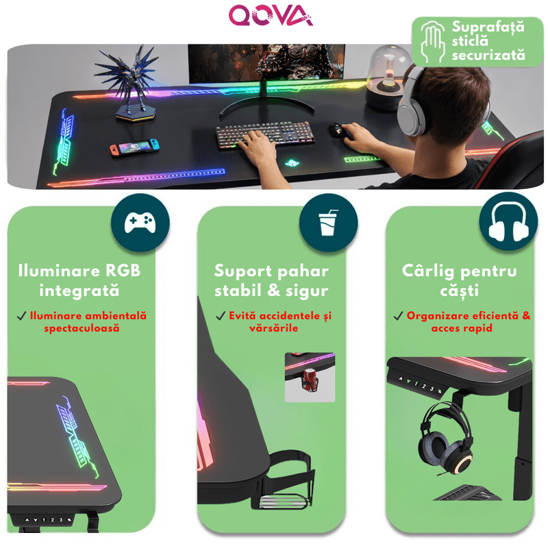 PC, gaming si accesorii - Gaming - Accesorii gaming - Birouri gaming - Birou Gaming RGB, Reglabil Electric inaltime, QOVA®, Blat Sticla Securizata, Inaltime Ajustabila 72-117cm,LED RGB - Infinity.ro