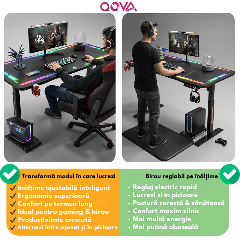 PC, gaming si accesorii - Gaming - Accesorii gaming - Birouri gaming - Birou Gaming RGB, Reglabil Electric inaltime, QOVA®, Blat Sticla Securizata, Inaltime Ajustabila 72-117cm,LED RGB - Infinity.ro