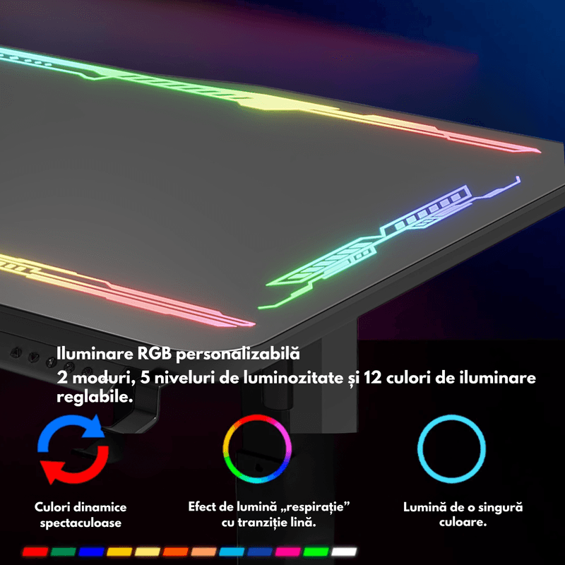 PC, gaming si accesorii - Gaming - Accesorii gaming - Birouri gaming - Birou Gaming RGB, Reglabil Electric inaltime, QOVA®, Blat Sticla Securizata, Inaltime Ajustabila 72-117cm,LED RGB - Infinity.ro