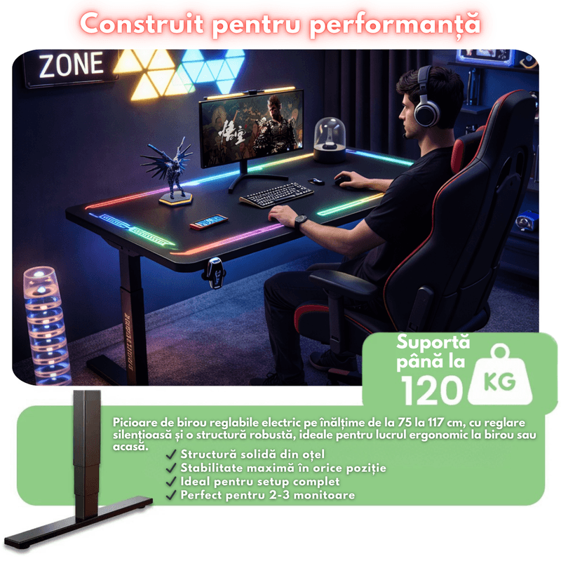 PC, gaming si accesorii - Gaming - Accesorii gaming - Birouri gaming - Birou Gaming RGB, Reglabil Electric inaltime, QOVA®, Blat Sticla Securizata, Inaltime Ajustabila 72-117cm,LED RGB - Infinity.ro