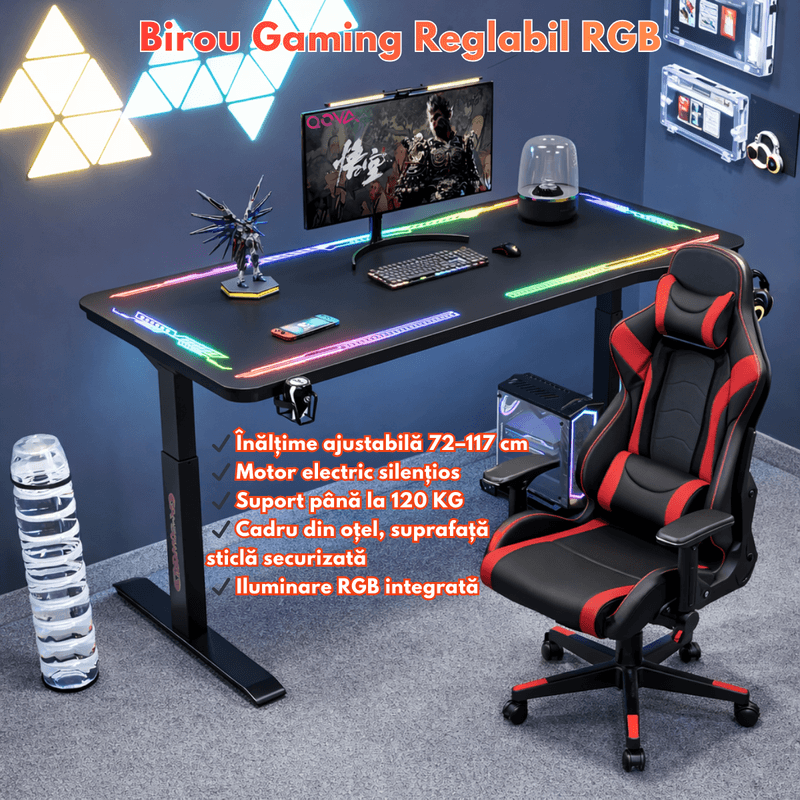 PC, gaming si accesorii - Gaming - Accesorii gaming - Birouri gaming - Birou Gaming RGB, Reglabil Electric inaltime, QOVA®, Blat Sticla Securizata, Inaltime Ajustabila 72-117cm,LED RGB - Infinity.ro