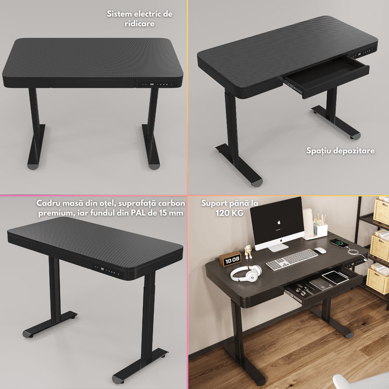 Casa si Gradina - Mobilier - Mese si birouri - Birouri - Birou Reglabil Electric inaltime, QOVA®, Sertar depozitare, USB-A & USB-C, Inaltime Ajustabila 72-117cm, Carbon Premium - Infinity.ro