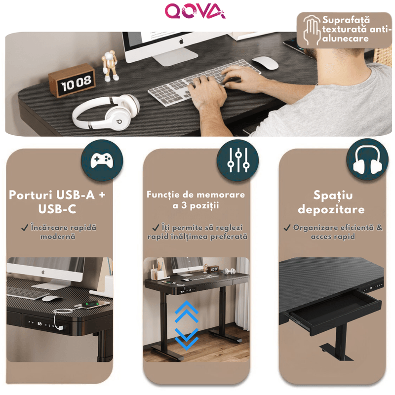 Casa si Gradina - Mobilier - Mese si birouri - Birouri - Birou Reglabil Electric inaltime, QOVA®, Sertar depozitare, USB-A & USB-C, Inaltime Ajustabila 72-117cm, Carbon Premium - Infinity.ro
