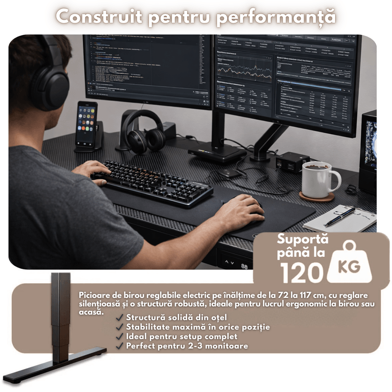 Casa si Gradina - Mobilier - Mese si birouri - Birouri - Birou Reglabil Electric inaltime, QOVA®, Sertar depozitare, USB-A & USB-C, Inaltime Ajustabila 72-117cm, Carbon Premium - Infinity.ro