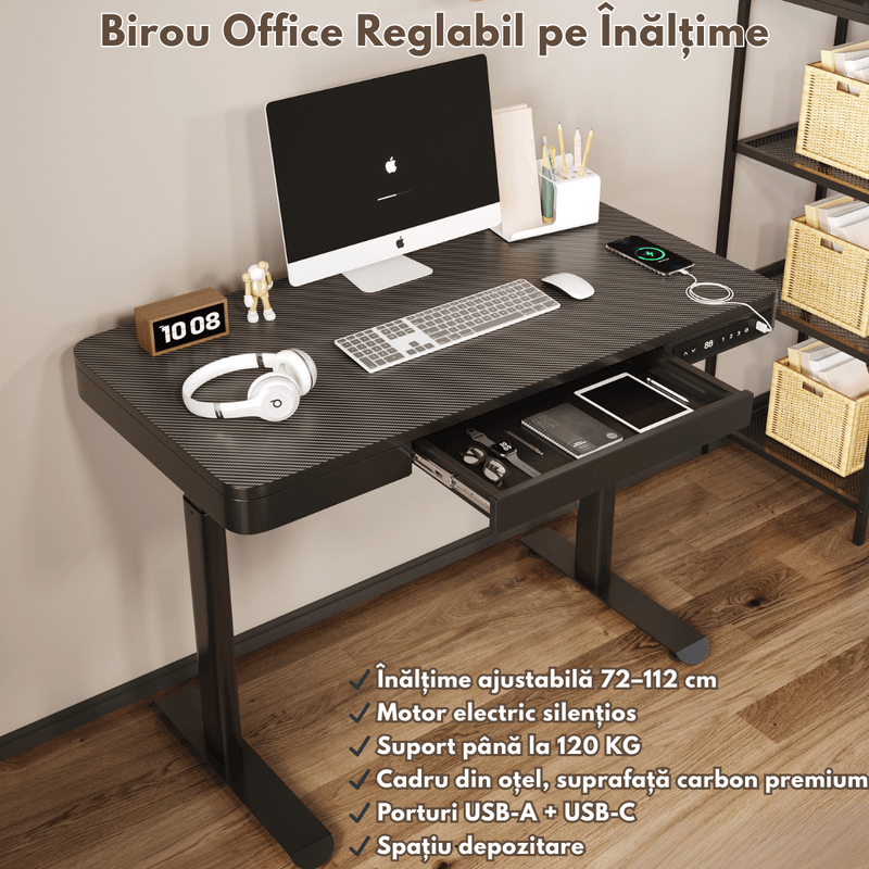 Casa si Gradina - Mobilier - Mese si birouri - Birouri - Birou Reglabil Electric inaltime, QOVA®, Sertar depozitare, USB-A & USB-C, Inaltime Ajustabila 72-117cm, Carbon Premium - Infinity.ro