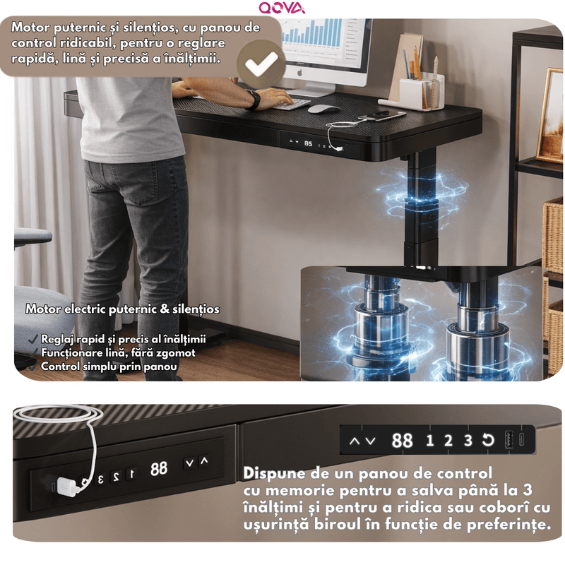 Casa si Gradina - Mobilier - Mese si birouri - Birouri - Birou Reglabil Electric inaltime, QOVA®, Sertar depozitare, USB-A & USB-C, Inaltime Ajustabila 72-117cm, Carbon Premium - Infinity.ro