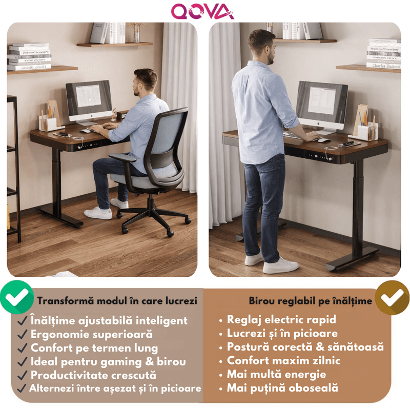 Casa si Gradina - Mobilier - Mese si birouri - Birouri - Birou Reglabil Electric pe inaltime, QOVA®, cu Sertar depozitare, Porturi USB-A & USB-C pentru incarcare, Ajustabila - Infinity.ro