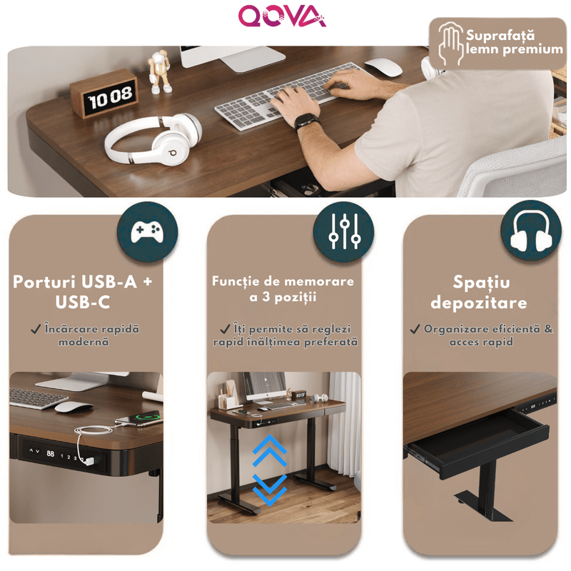 Casa si Gradina - Mobilier - Mese si birouri - Birouri - Birou Reglabil Electric pe inaltime, QOVA®, cu Sertar depozitare, Porturi USB-A & USB-C pentru incarcare, Ajustabila - Infinity.ro
