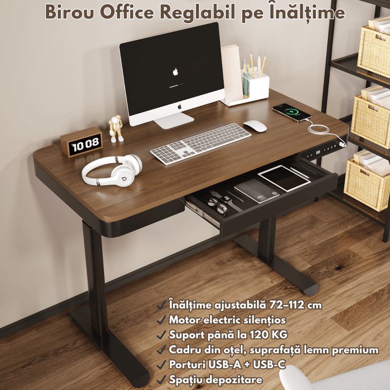 Casa si Gradina - Mobilier - Mese si birouri - Birouri - Birou Reglabil Electric pe inaltime, QOVA®, cu Sertar depozitare, Porturi USB-A & USB-C pentru incarcare, Ajustabila - Infinity.ro
