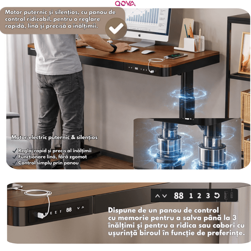 Casa si Gradina - Mobilier - Mese si birouri - Birouri - Birou Reglabil Electric pe inaltime, QOVA®, cu Sertar depozitare, Porturi USB-A & USB-C pentru incarcare, Ajustabila - Infinity.ro