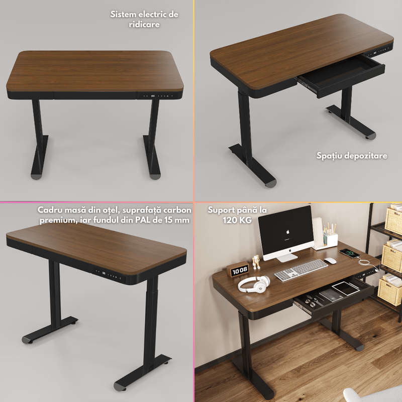 Casa si Gradina - Mobilier - Mese si birouri - Birouri - Birou Reglabil Electric pe inaltime, QOVA®, cu Sertar depozitare, Porturi USB-A & USB-C pentru incarcare, Ajustabila - Infinity.ro