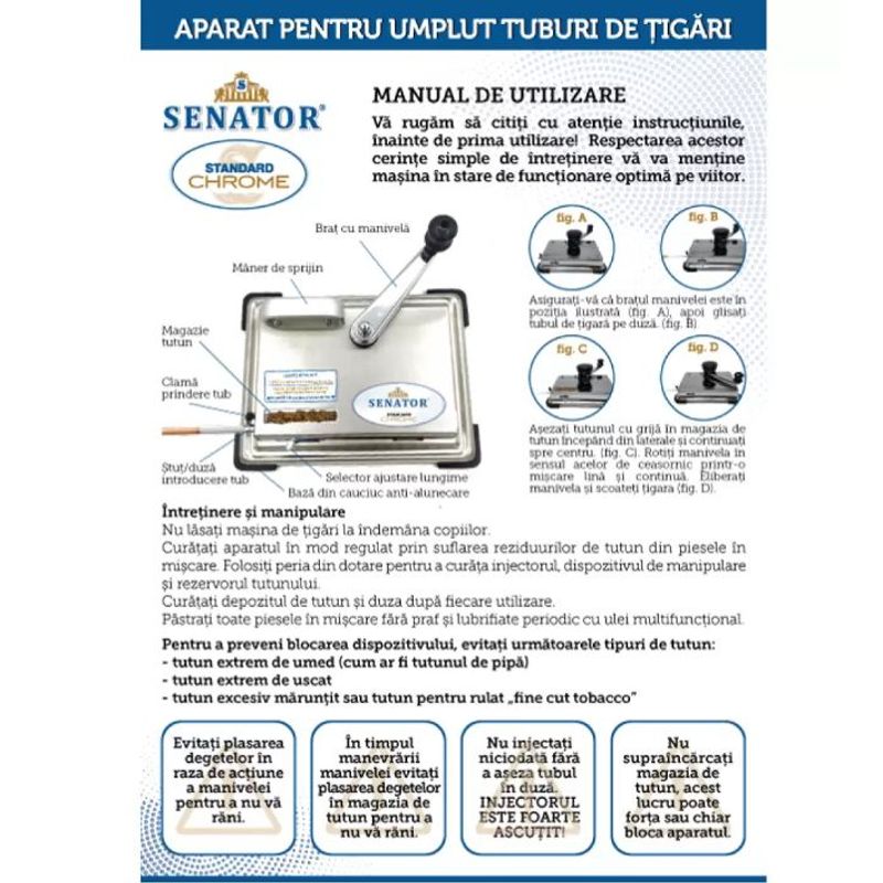Market - Tutun si tigari - Articole si accesorii tutun - Aparat injectat tuburi tigari cu manivela - Senator Standard CHROME (8,0 mm) - Infinity.ro