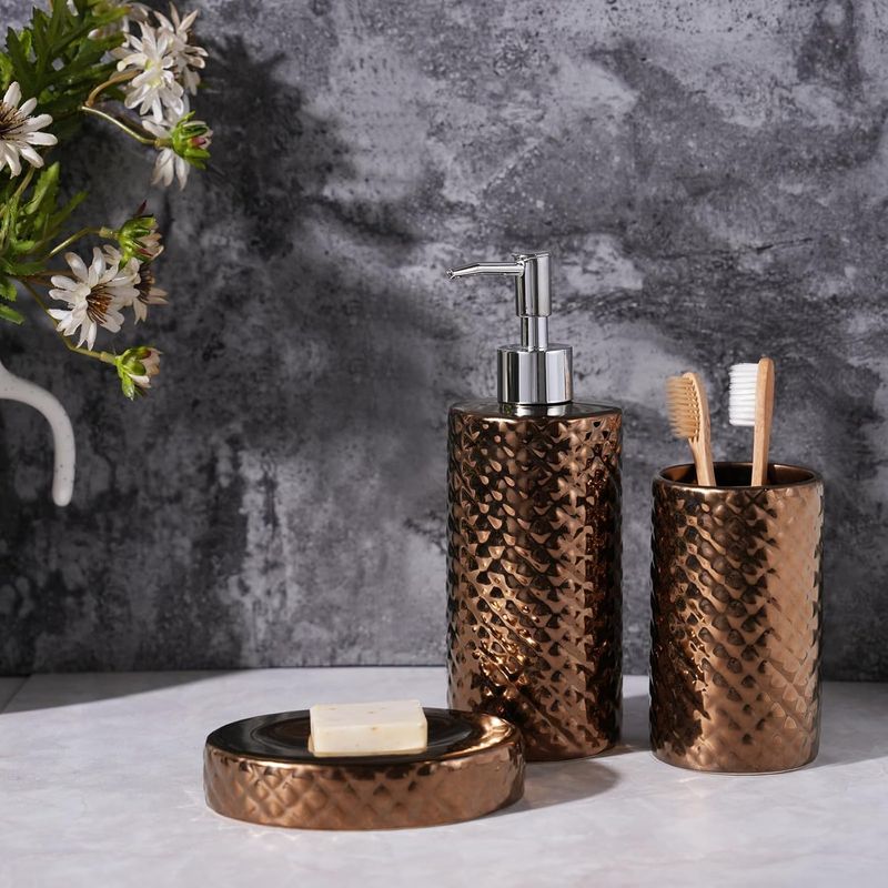 Casa si Gradina - Sanitare - Suporturi si accesorii baie - Dispensere - Accesorii baie din ceramica, set dozator lichide, pahar, suport sapun - Infinity.ro