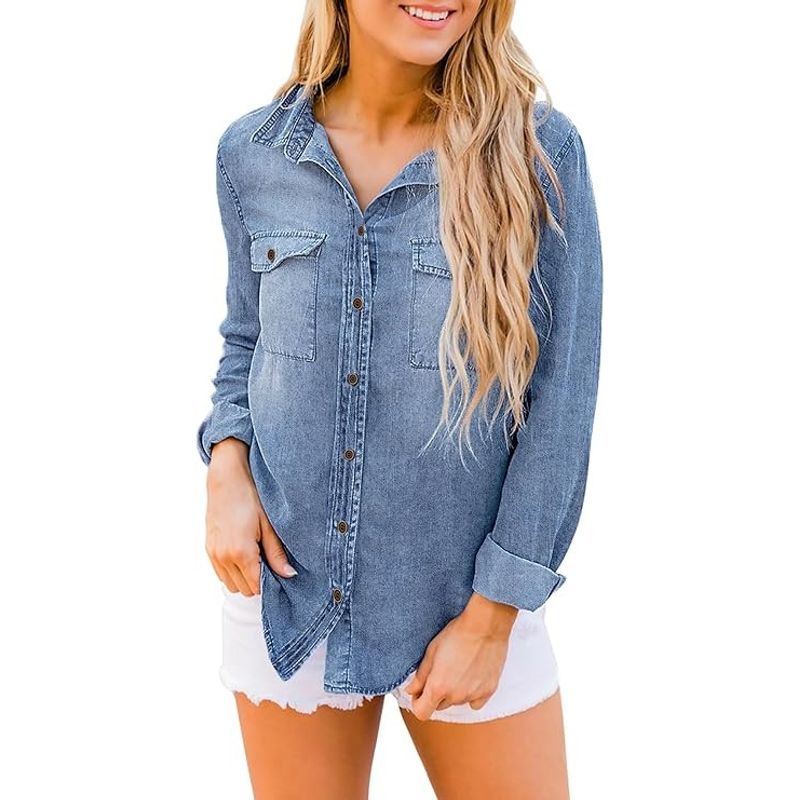 Fashion, accesorii si bijuterii - Femei - Imbracaminte femei - Camasi si bluze femei - Camasa Albastra din denim, larga, cu maneca lunga pentru femei XL - Infinity.ro