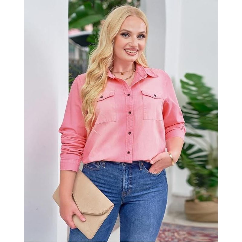 Fashion, accesorii si bijuterii - Femei - Imbracaminte femei - Camasi si bluze femei - Camasa Roz din denim, larga, cu maneca lunga pentru femei XL - Infinity.ro