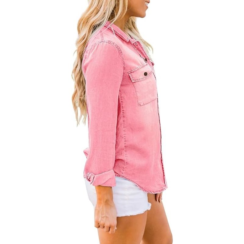 Fashion, accesorii si bijuterii - Femei - Imbracaminte femei - Camasi si bluze femei - Camasa Roz din denim, larga, cu maneca lunga pentru femei XL - Infinity.ro