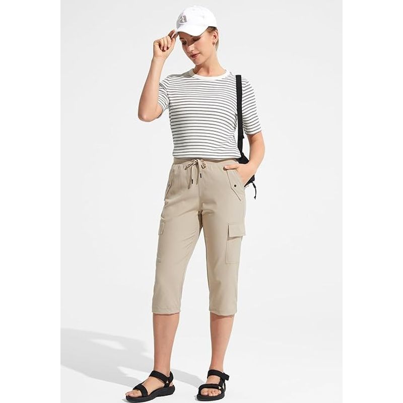 Fashion, accesorii si bijuterii - Femei - Imbracaminte femei - Pantaloni femei - Pantaloni sport respirabili pentru femei, cu buzunare si talie elastica, 3/4 crem L - Infinity.ro