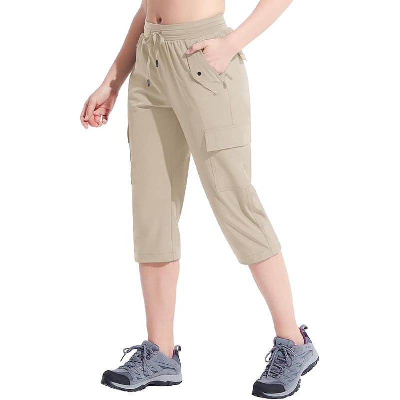 Fashion, accesorii si bijuterii - Femei - Imbracaminte femei - Pantaloni femei - Pantaloni sport respirabili pentru femei, cu buzunare si talie elastica, 3/4 crem L - Infinity.ro