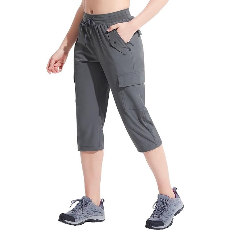 Fashion, accesorii si bijuterii - Femei - Imbracaminte femei - Pantaloni femei - Pantaloni sport respirabili pentru femei, cu buzunare si talie elastica, 3/4 gri M - Infinity.ro